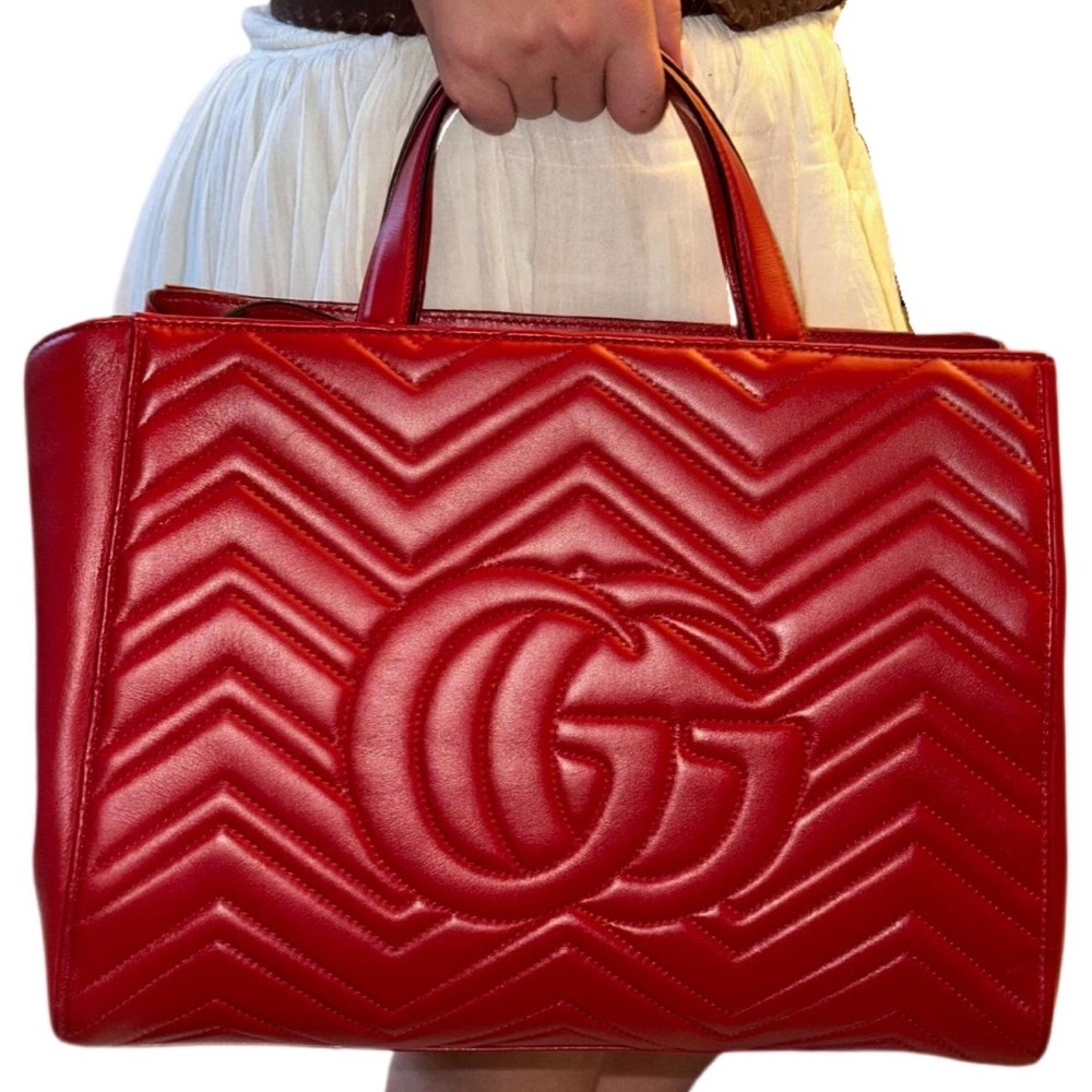 Authentic Gucci Red Leather GG Marmont 3-way Handle Quilted Tote Bag